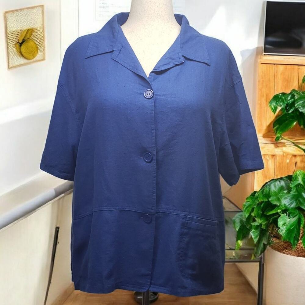 Kathie Lee VTG Linen Cotton Cardigan XL Blue Button‑Up Coastal Grandma Casual